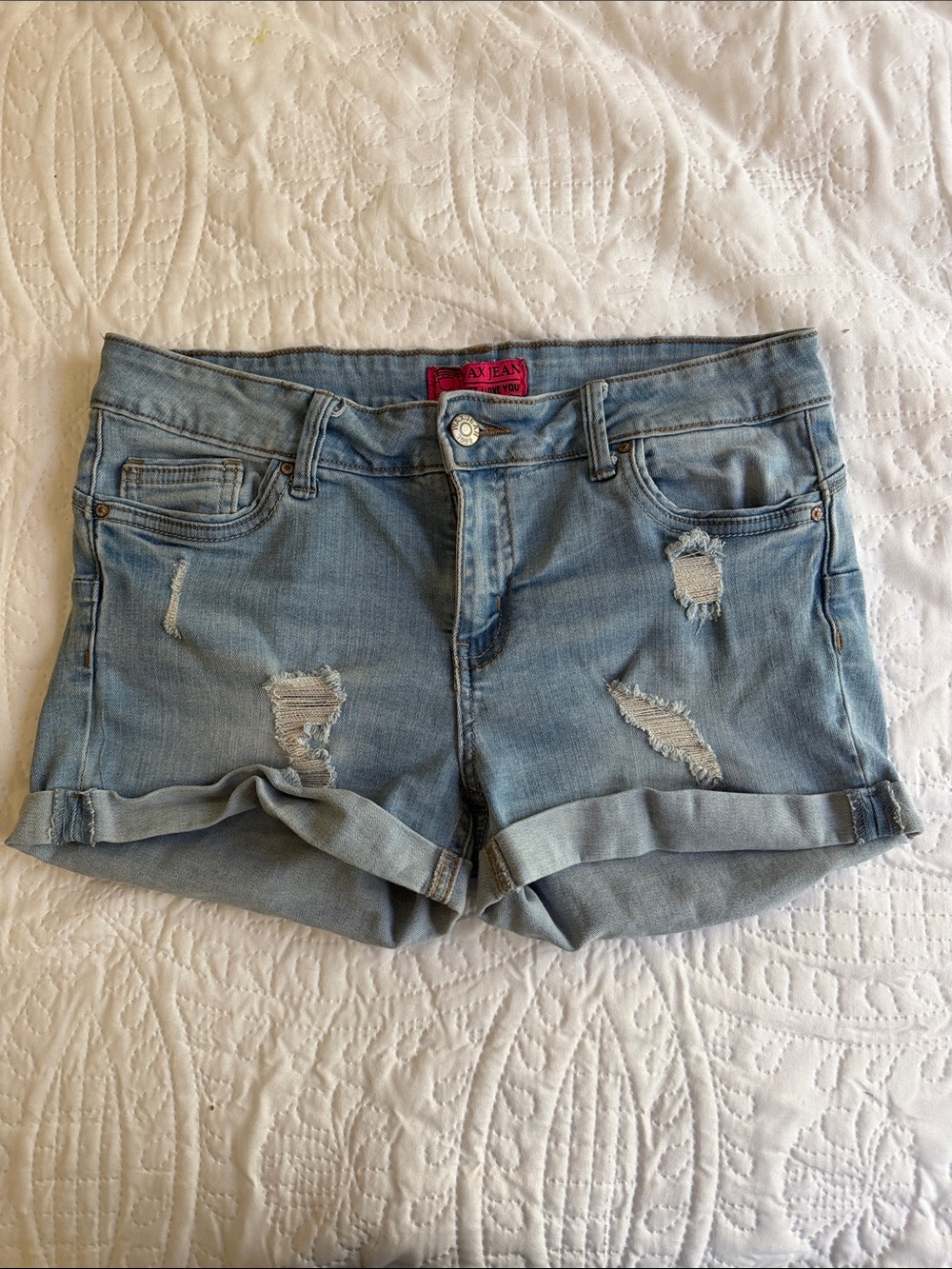 Wax Jeans Light Blue Distressed Rolled-Cuff Denim Shorts